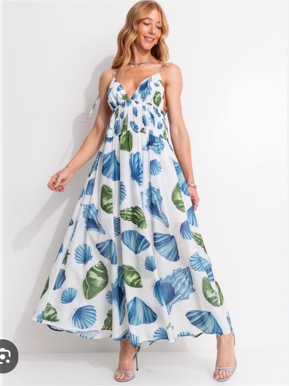 FARM Rio White Maxi Dress with Blue & Green Seashells